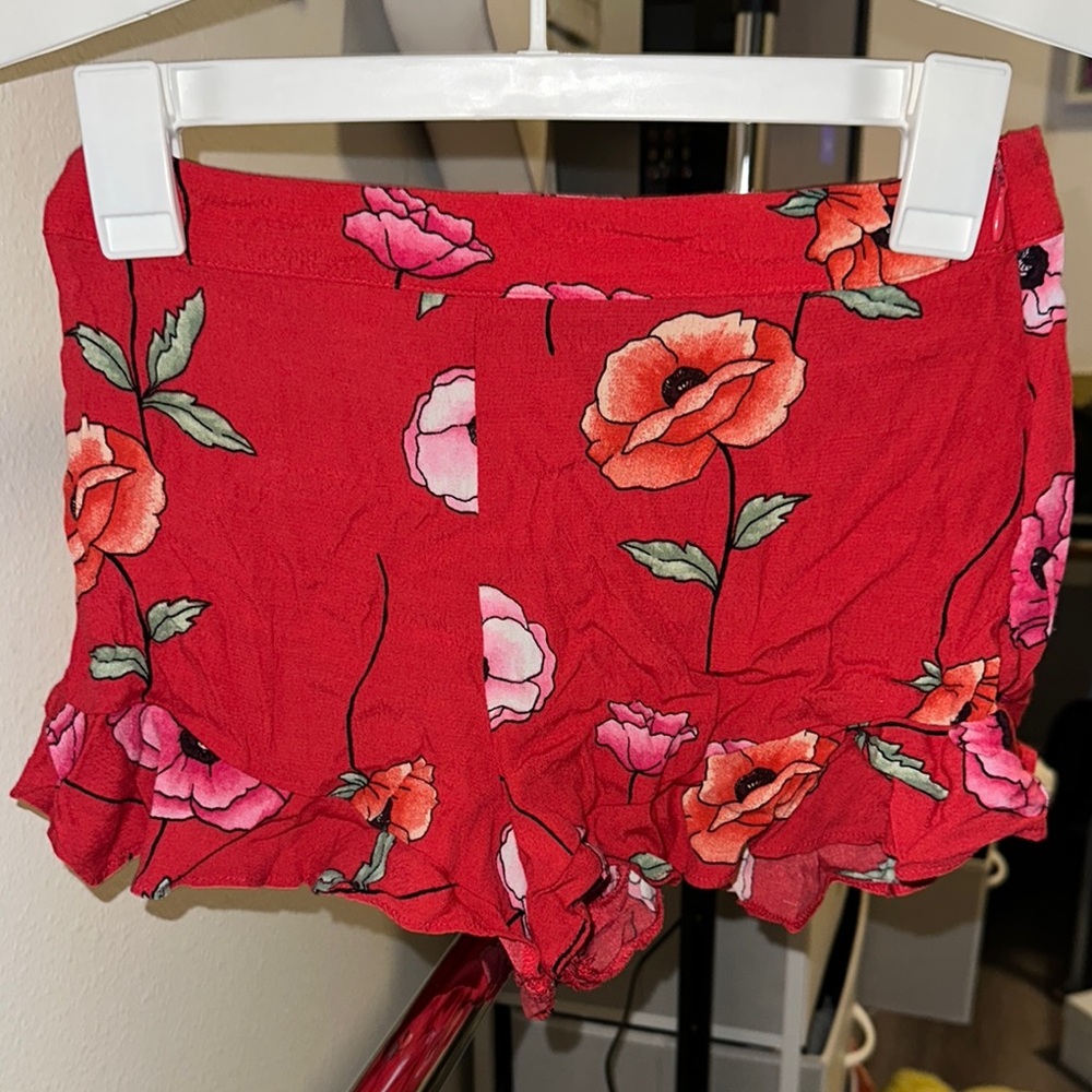 Floral Red Ruffle Shorts
